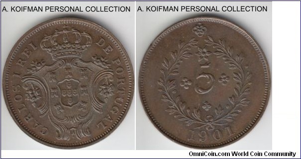KM-16, 1901 Azores 5 reis; copper, plain edge; brown sharp uncirculated specimen.