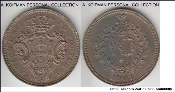 KM-17, 1901 Azores 10 reis; copper, plain edge; brown, uncirculated, few minute rough patches on the rim, light discoloration, overall nicely detailed coin.