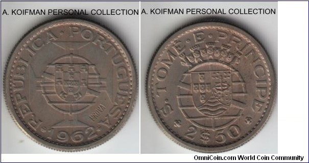 KM-PR22, 1962 San Thomas and Prince prova 2 1/2 escudos; copper-nickel, reeded edge; grey toned average uncirculated.