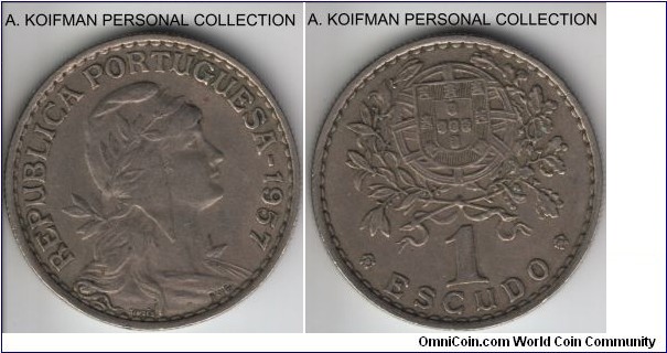 KM-578, 1957 Portugal escudo; copper-nickel, reeded edge; well circulated, about extra fine, smaller mintage year.