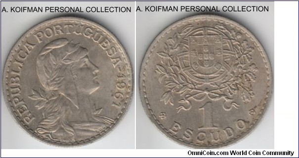 KM-578, 1961 Portugal escudo; copper-nickel, reeded edge; uncirculated, a bit of dirt.