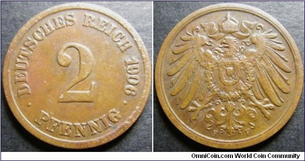 Germany 1906 2 pfennig, mintmark F. Weight: 3.29g