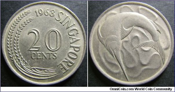 Singapore 1968 20 cents. Rotated die error! Very uncommon for coins struck in Singapore. Weight: 5.64g