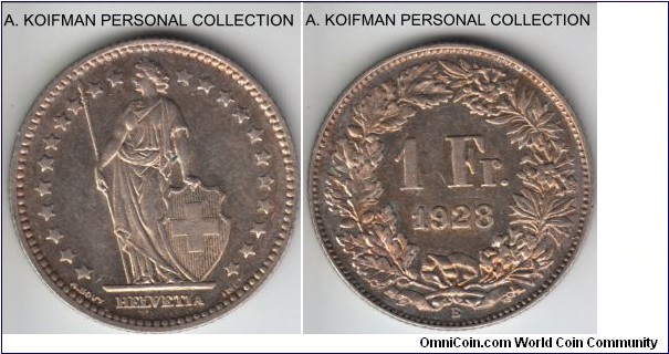 KM-24, 1928 Switzerland franc; silver, reeded edge; good extra fine, nice toning and luster in places.