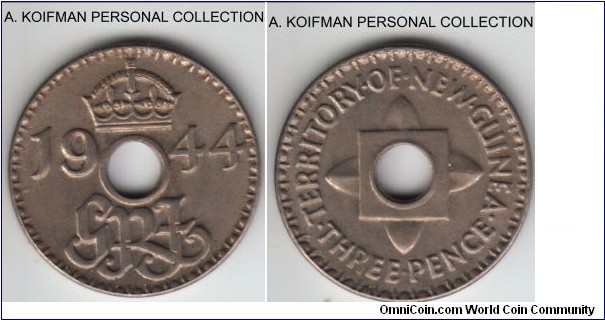 KM-9, 1944 New Guinea 3 pence; copper-nickel, plain edge; uncirculated or about. 