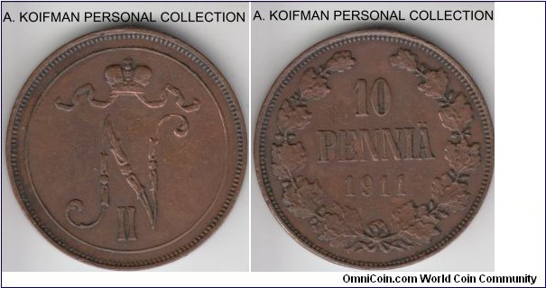 KM-14, 1911 Finland (Grand Duchy) 10 pennia; copper, plain edge; brown good very fine to about extra fine.