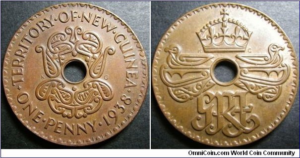 New Guinea 1938 1 penny. Nice condition. Weight: 6.55g.