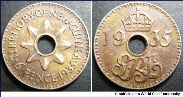 New Guinea 1935 6 pence. Stained but in good condition. Weight: 2.68g