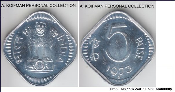 KM-18.6, 1973 India 5 paisa, Bombay mint (B mint mark); proof, aluminum, plain edge 4 sided; from the proof set, mintage 7,562.