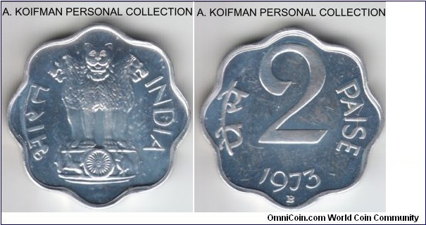 KM-13.6, 1973 India 2 paisa, Bombay mint (B mint mark); proof, aluminum, scalloped; from proof set, mintage 7,562.