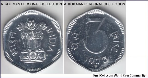 KM-15, 1973 India 3 paisa, Bombay mint (B mint mark); proof, aluminum, 6 sided; mintage 7,562 in proof sets.
