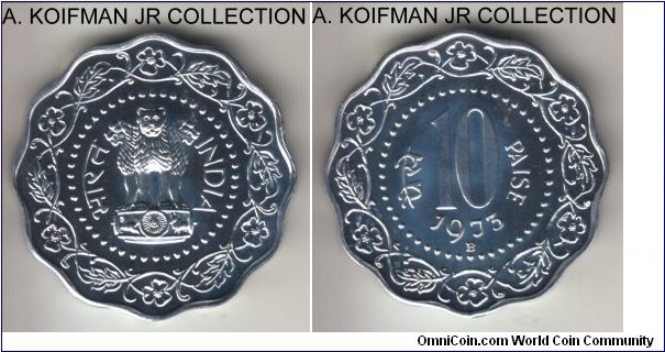 KM-27.1, 1973 India 10 paise, Bombay mint (B mint mark); proof, aluminum, scalloped edge; mintage 7,567 in proof sets, light center toning.