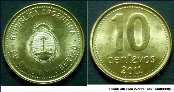 Argentina 10 centavos.
2011, Brass plated steel.