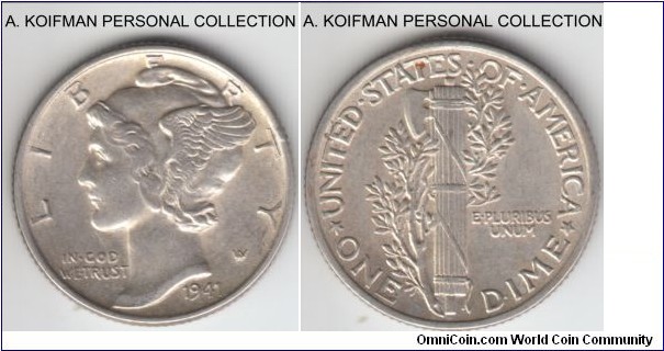 KM-140, 1941 United States of America dime, Philadelphia mint (no mint mark); silver, reeded edge; about uncirculated, dull toning, but nice.