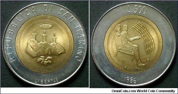 San Marino 500 lire.
1986, Bimetal.
