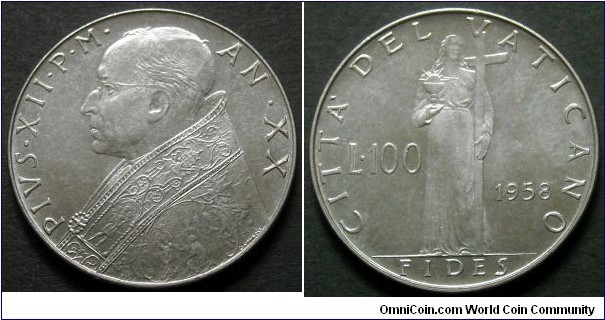 Vatican 100 lire.
1958, Pontif. Pius XII