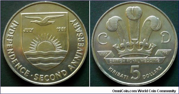 Kiribati 5 dollars.
1981, 2nd Anniversary of Independence and Wedding of Prince Charles and Lady Diana.