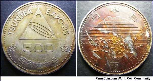 Japan 1985 500 yen commemorating Expo in Tsukuba. Some interesting toning. Weight: 12.95g