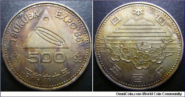 Japan 1985 500 yen commemorating Expo in Tsukuba. Some interesting toning. Weight: 13.07g