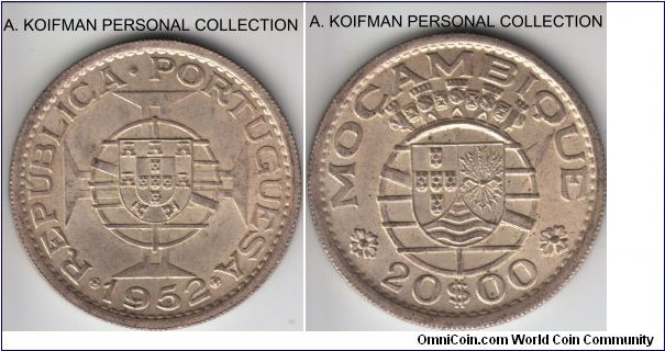 KM-80, 1952 Portuguese Mozambique (Colony) 20 escudo; silver, reeded edge; average uncirculated or almost, good luster.