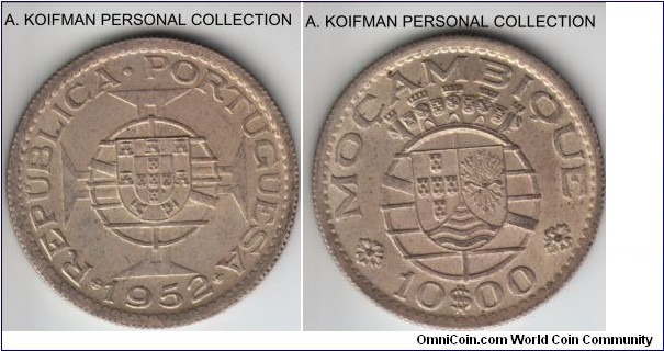 KM-79, 1952 Portuguese Mozambique (Colony) 10 escudo; silver, reeded edge; average uncirculated or almost, toned.