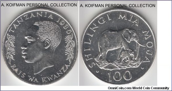 KM-18a, 1986 Tanzania 100 shillingi; silver, reeded edge; proof; mintage 25,000, slightly marked average specimen.