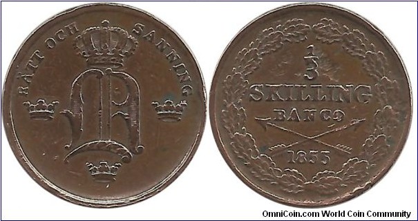 Sweden 1/3 Skilling Banco 1855 (King Oscar I 1844-1859)