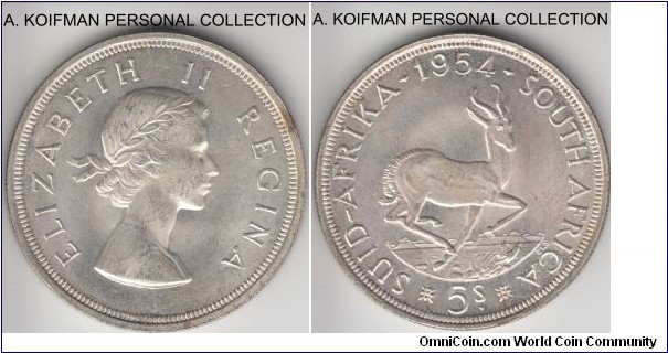 KM-52, 1954 South Africa (Dominion) 5 shillings; sillver, reeded edge; bright uncirculated specimen with the second lowest business strike year, quite scarce.