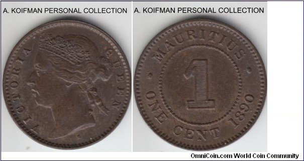 KM-7, 1890 Mauritius cent, Heaton mint (H mintmark); bronze, plain edge; dark brown uncirculated or almost, nice and scarce in higher grades.
