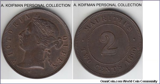KM-8, 1890 Mauritius 2 cents, Heaton mint (H mintmark); bronze, plain edge; dark brown uncirculated or almost, scarce in high grades with mintage of 250,000.