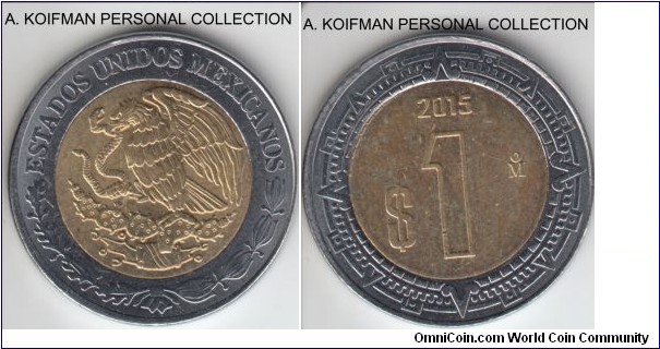 KM-603, 2005 Mexico peso; bi-metallic, plain edge; average almost uncirculated.