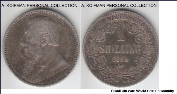 KM-5, 1895 Zuid-Afrikkansche Republiek (ZAR) South Africa shilling; silver, reeded edge; good fine to very fine.