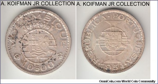 KM-Pr34, 1954 Portuguese Mozambique (Colony) 10 escudos; prova, silver, reeded edge; scarce, uncirculated lightly toned in places.