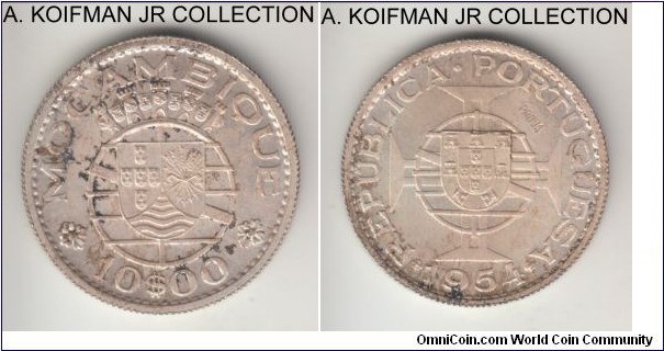 KM-Pr34, 1954 Portuguese Mozambique (colony) 10 escudos; prova, silver, reeded edge; heavily toned on obverse, nicer toning on reverse, uncirculated.