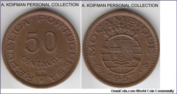 KM-Pr38, 1957 Portuguese Mozambique (Colony) 50 centavos; prova, bronze, plain edge; brown sharp uncirculated.