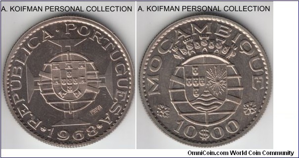 KM-Pr53, 1968 Portuguese Mozambique (Colony) 10 escudos; prova, copper-nickel, reeded edge; bright nice uncirculated.