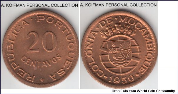KM-75, 1950 Portuguese mozambique (Colony) 20 centavos; bronze, plain edge; red bright uncirculated, a small spot on obverse.