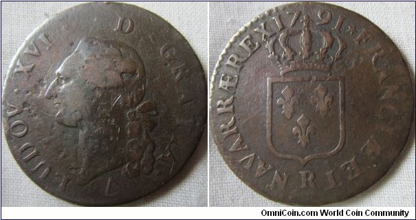1791 sol, almost fine, poor strike, Orleans mint