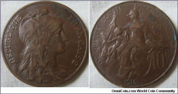 1913 10 centimes, VF grade