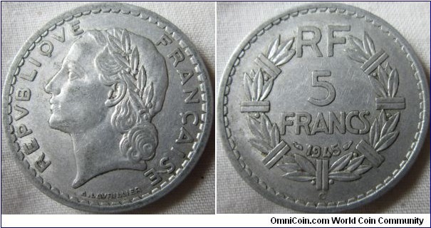 scarce 1945 C 5 franc, VF, 2,208,114 minted
