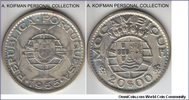 KM-80, 1955 Portuguese Mozambique (Colony) 20 escudos; silver, reeded edge; scarcer of the 3 year run, cleaned, very fine or so,
