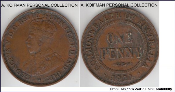KM-23, 1921 Australia penny; bronze, plain edge; good fine to very fine, some dirt and grime is still there.