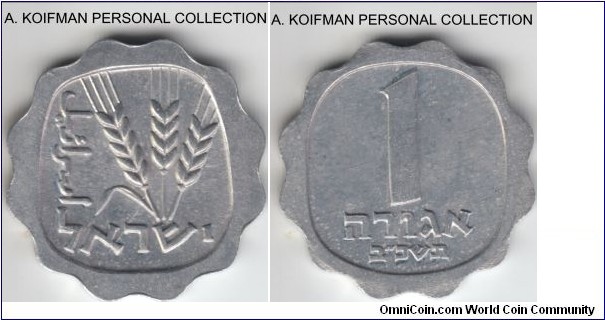 KM-24.1, 1962 Israel agora; aluminum, plain edge, medal rotation, scalloped; scarcer variety of the small date, serif date of the year, a little dull but nevertheless uncirculated specimen.