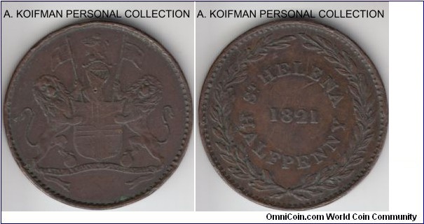 KM-A4, 1821 St. Helena & Ascension 1/2 penny; copper, plain edge; good very fine for wear, some edge bruising.