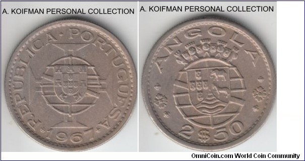KM-77, 1967 Portuguese Angola 2 1/2 escudos; copper-nickel, reeded edge; about uncirculated, just a little bit of wear on obverse castles.