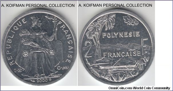 KM-10, 2000 French Polynesia 2 francs; aluminum, plain edge; bright lustrous uncirculated despite some shadows on the scan.