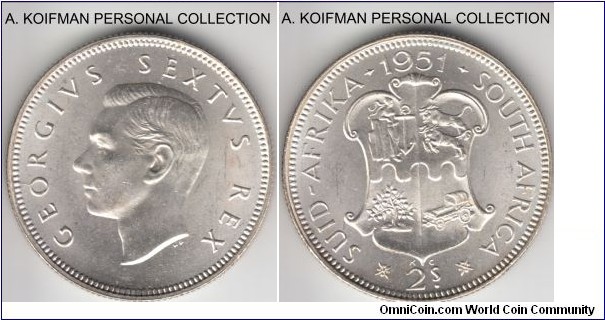 KM-38.2, 1951 South Africa (Dominion) 2 shillings; silver, reded edge; white bright uncirculated.