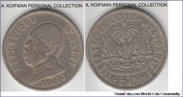 KM-56, 1908 Haiti 50 centimes; copper-nickel, plain edge; well circulated coin, good fine to very fine for wear.