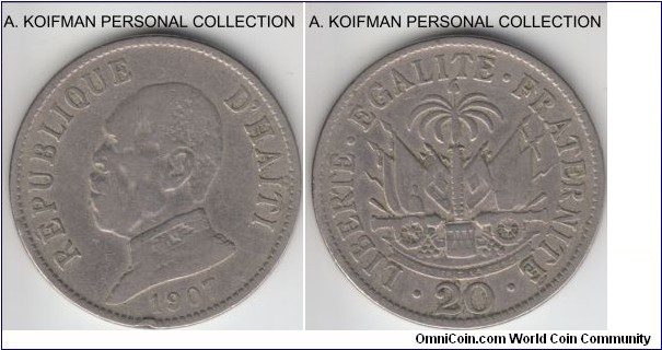 KM-55, 1907 Haiti 20 centimes; copper-nickel, plain edge; well circulated coin, fine or so, a rim nick.