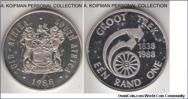 KM-128, 1988 South Africa rand; proof, silver, reeded edge; toning spots over cameo surfaces, The Great Track commemorative, proof mintage 7,941.